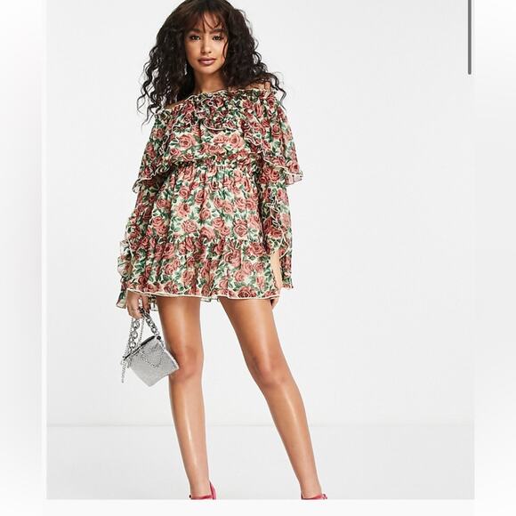 NWOT Topshop Petite Frill Ruffle Bardot Mini Dress in Rose – Sz 2 - Picture 3 of 7